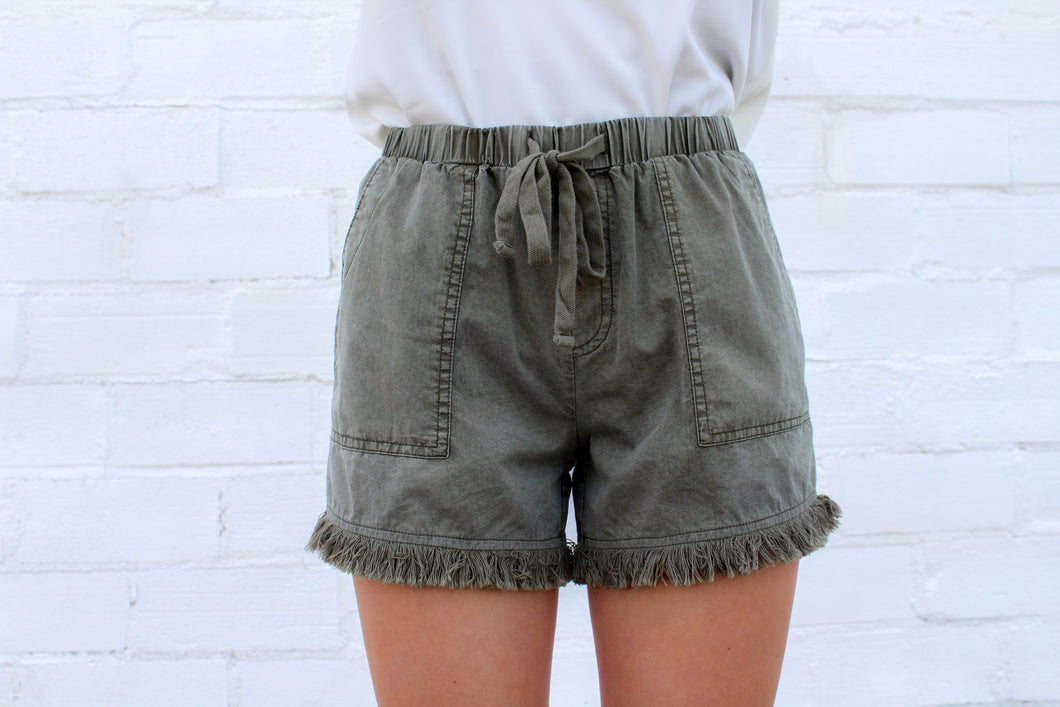 Army Green Fringe Hem Shorts